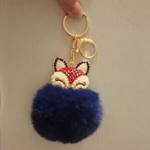 Blue Fox Pom Pom Keychain - Bag Charm